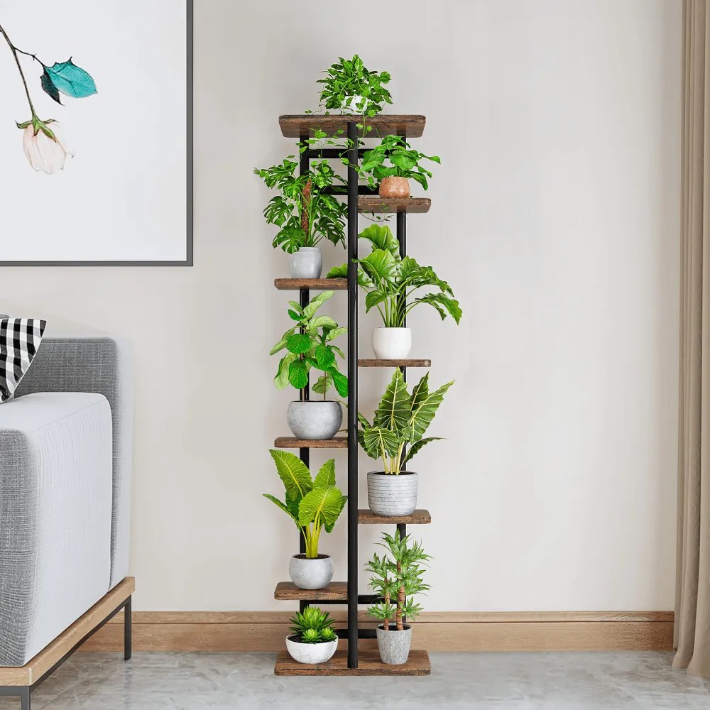 Fém virágállvány, fekete/rusztikus fa, LEDOR TYP 4