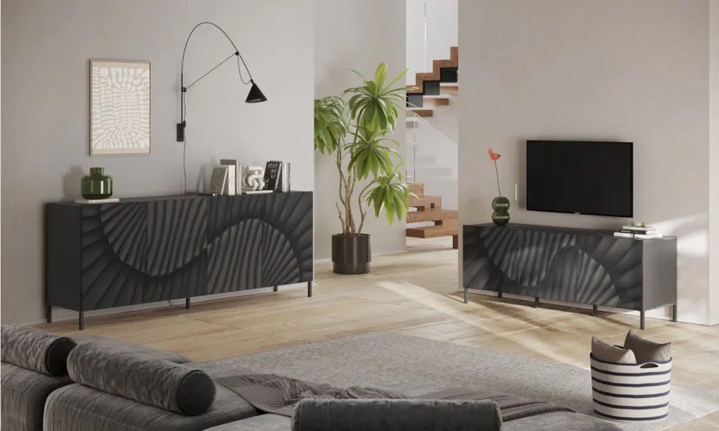 SNAKE háromajtós komód, antracitszürke testet és antracitszürke, díszített mintázatú előlapokkal