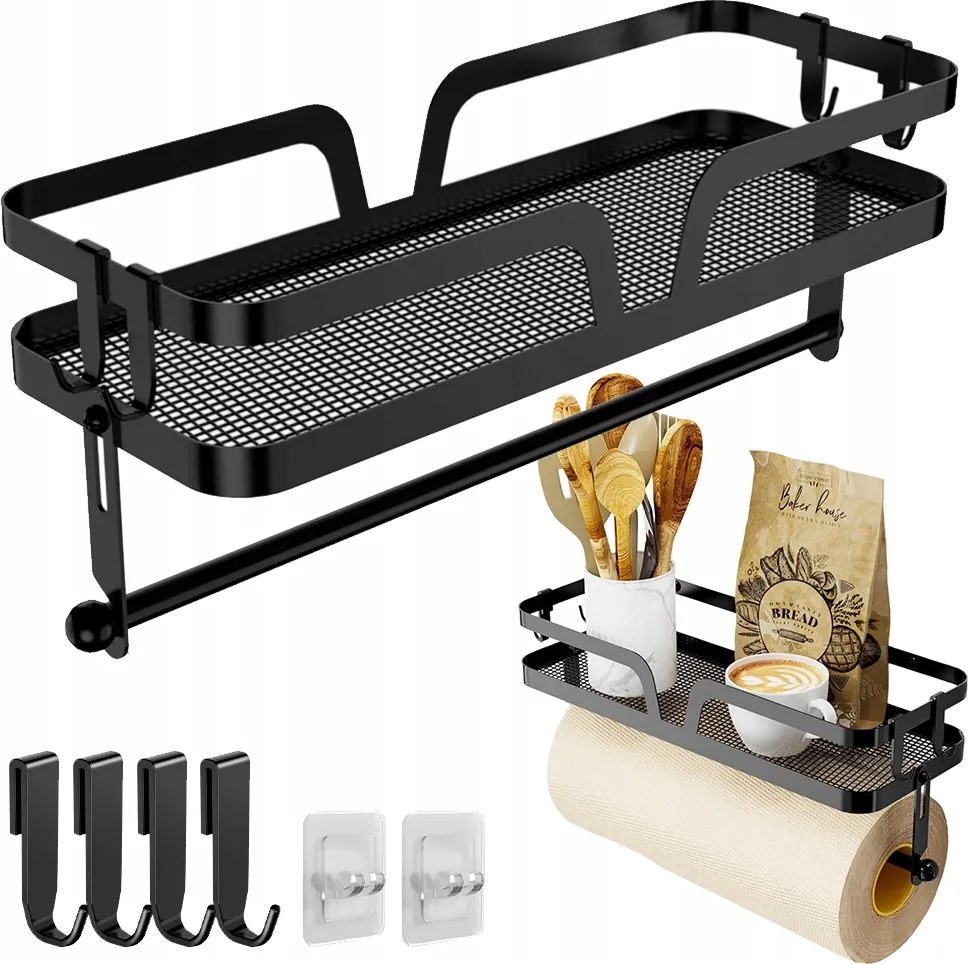 Fűszertartó Állvány, Fali, Konyhai Papírtartóval És 2 Akasztóval