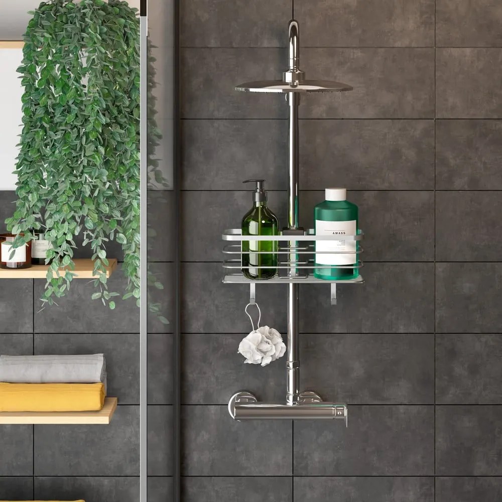 Ezüstszínű öntapadós acél fürdőszobai polc Luxy – Metaltex