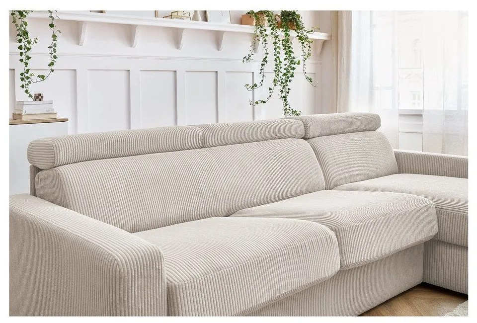 Krémszínű kordbársony kinyitható sarokkanapé (variálható) Monaco – Bobochic Paris