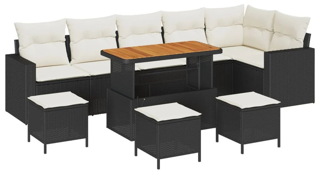 9 darabos Kert Sofa Szett Párnákkal Fekete Poli Rattan Akáciából, 3 darabos Kert Étkezős Szett Párnákkal Fekete Poli Rattan Akáciából