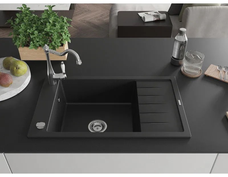 Mexen Elias, gránit mosogató 795x480x200 mm, 1 kamrás és mosogató csaptelep Carla, fekete, 6511-77-670700-00