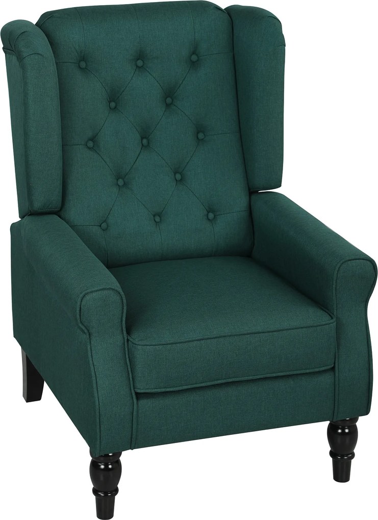 HOMCOM szárnyas karfás fotel, gombvarrott magas háttámlával és párnával, eukaliptuszfa lábak, sötétzöld | Aosom