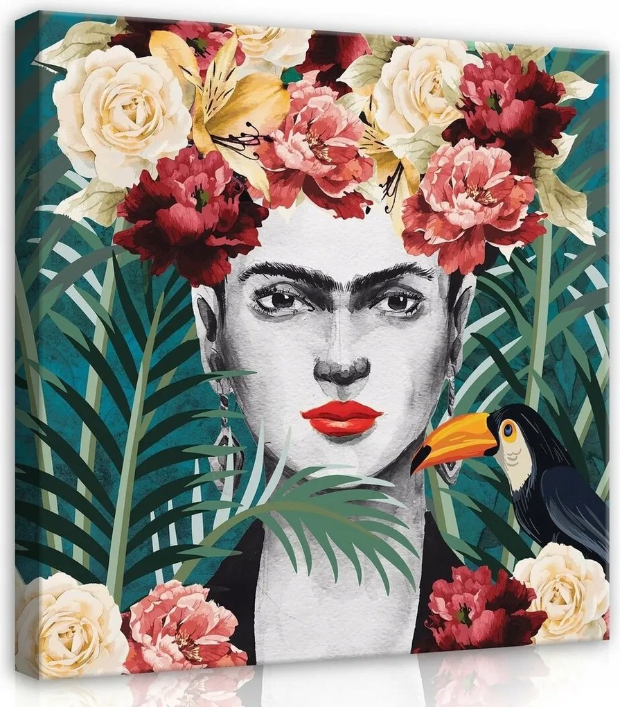 Vászonkép 80x80 Frida Kahlo portré trópusok virágok egzotikus művészet