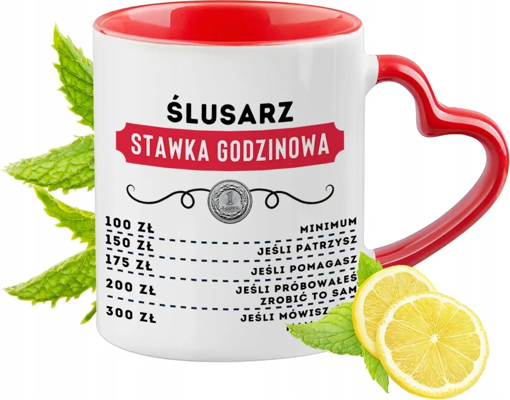 Piros bögre szív alakú füllel lakatosoknak ajándékba