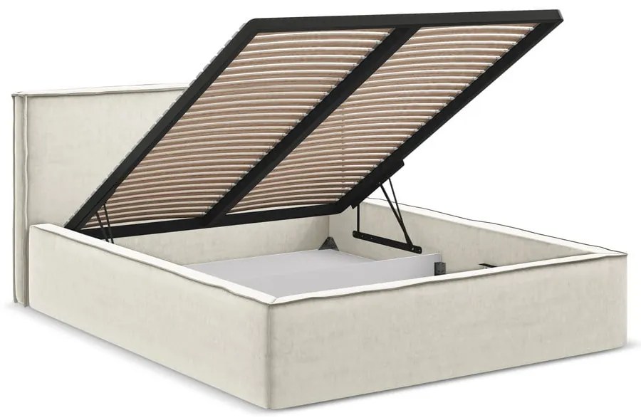 Krémszínű kárpitozott ágyneműtartós franciaágy ágyráccsal 160x200 cm Anani – Makamii