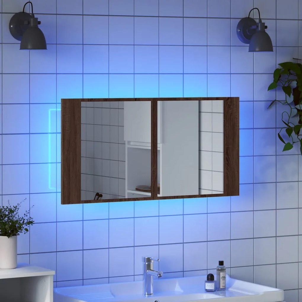 barna tölgy akril LED-es tükrös fürdőszobaszekrény 90x12x45 cm