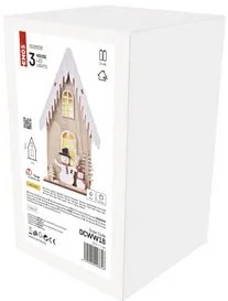 LED dekoráció, fa – házikó hóemberekkel, 28,5 cm, 2x AA, beltéri, meleg fehér, időzítő