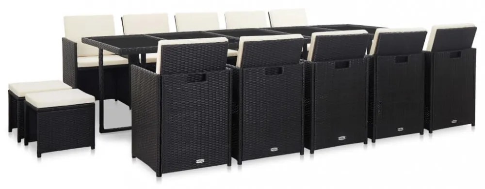 15 részes fekete polyrattan kültéri étkezőszett párnákkal