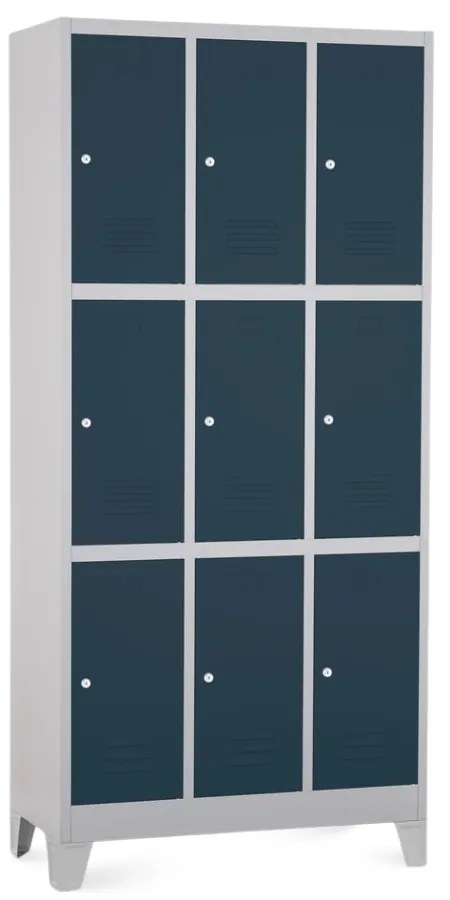 Fém szekrény - 9 doboz, 90 x 45 x 195 cm, fix lábakkal, hengerzár, antracit - ral 7016