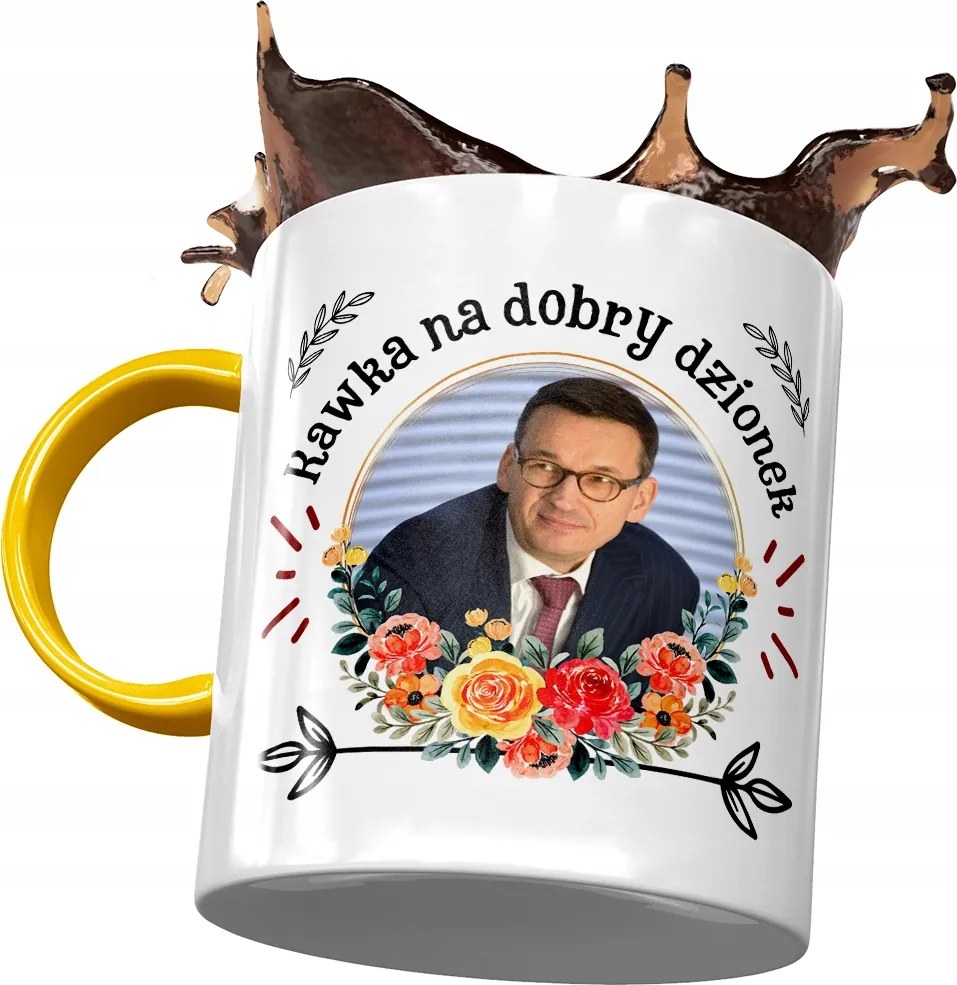 Sárga bögre Mateusz Morawiecki Premier Ajándék Nyomtatott Fotóval