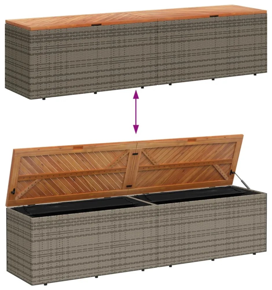 szürke polyrattan és akácfa kerti tárolóláda 220 x 50 x 54 cm