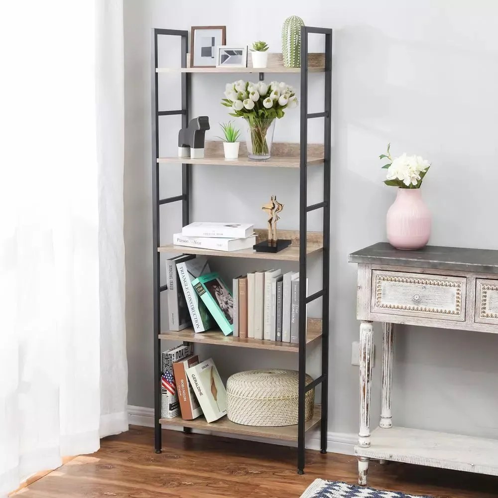 Intenso Home 5 szintes nyitott könyvespolc 60 x 160cm (Sonoma tölgy) | Univerzális tároló állvány fém lábakkal
