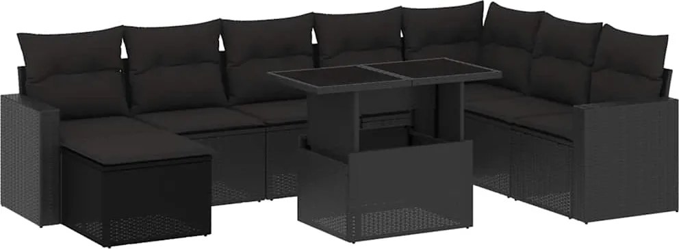 vidaXL 9 részes fekete polyrattan kerti ülőgarnitúra párnákkal