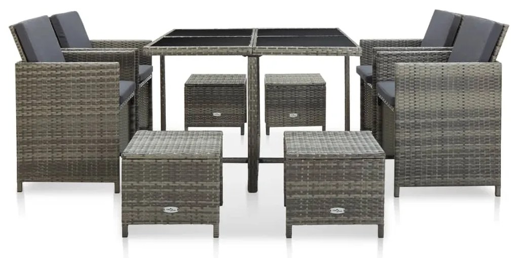 vidaXL 9-részes szürke kültéri polyrattan étkezőszett párnákkal