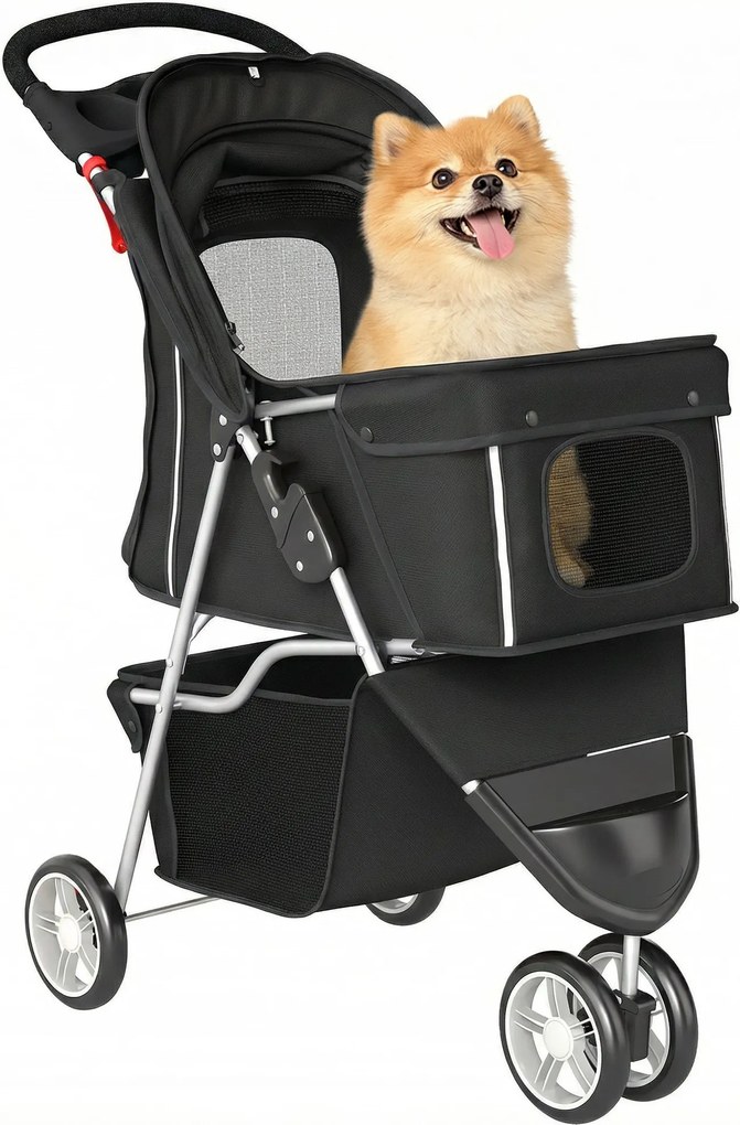PawHut összecsukható kisállat babakocsi — összecsukható kutya- és macskakocsi akár 10 kg-ig, tárolókosárral, párnával, hálós ablakokkal, pohártartóval