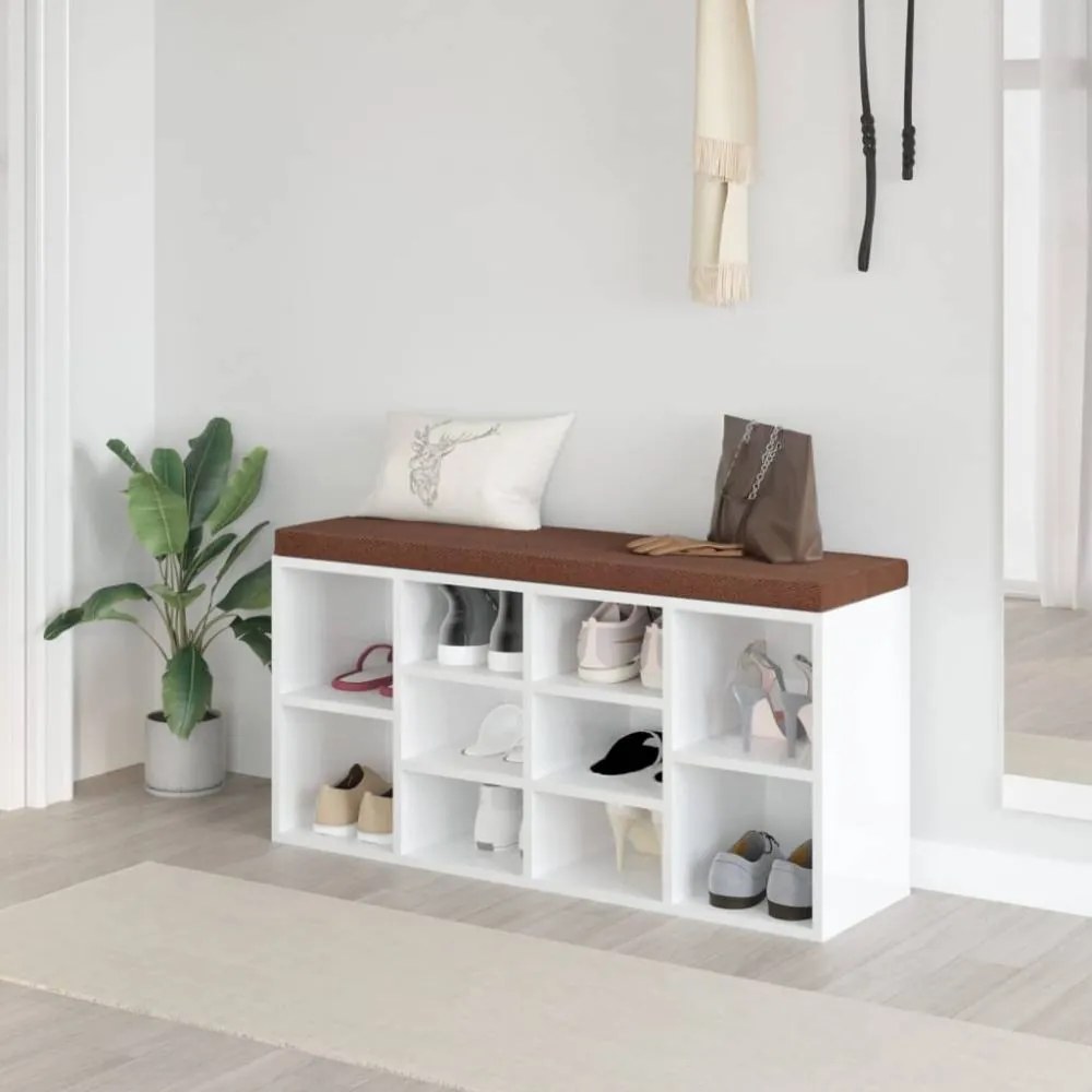 Magasfényű fehér szerelt fa cipőtároló pad 100x35x45 cm