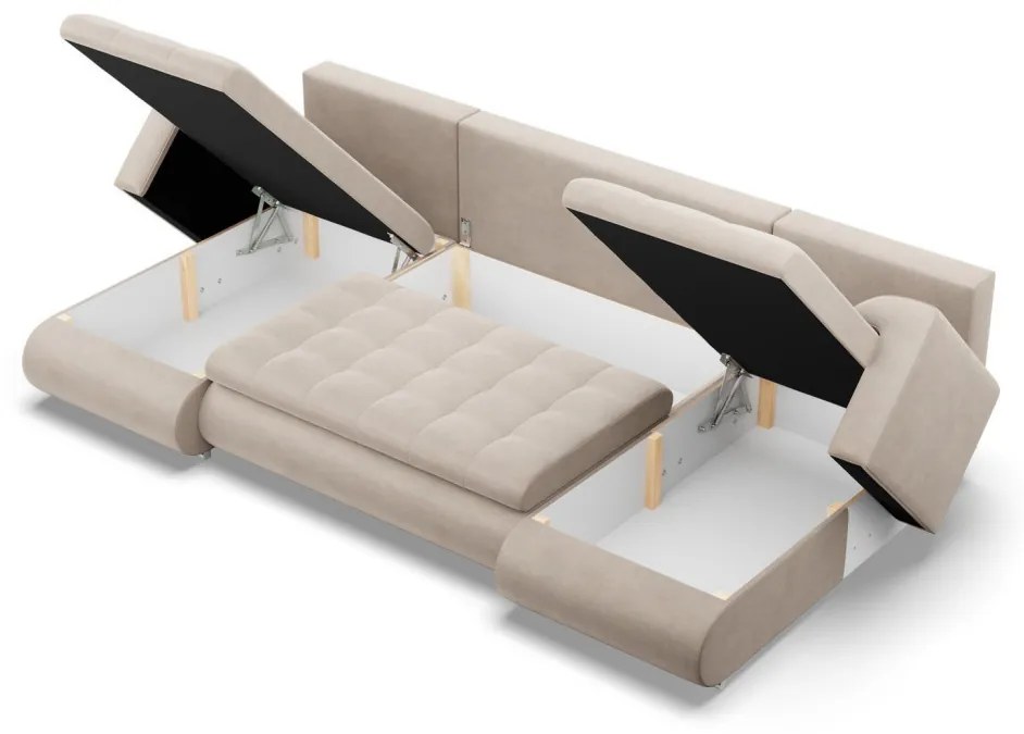 Tokio U alakú sarokkanapé, 3 ágyneműtartóval, bársony, univerzális oldal, bézs