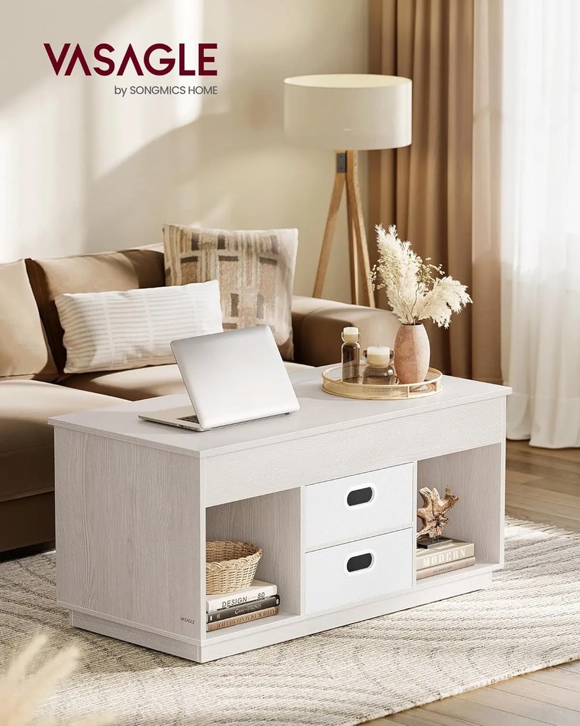 Dohányzóasztal, felemelhető asztallapos dohányzóasztal 2 fiókkal és rejtett rekesszel, bézs