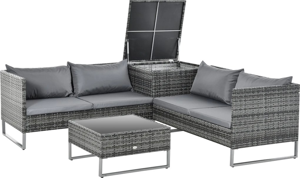 Outsunny 4 darabos rattan kerti bútor szett 2 dupla kanapéval, középső asztallal és tároló rekesszel, levehető párnákkal kültéri teraszra 132x69x64 cm