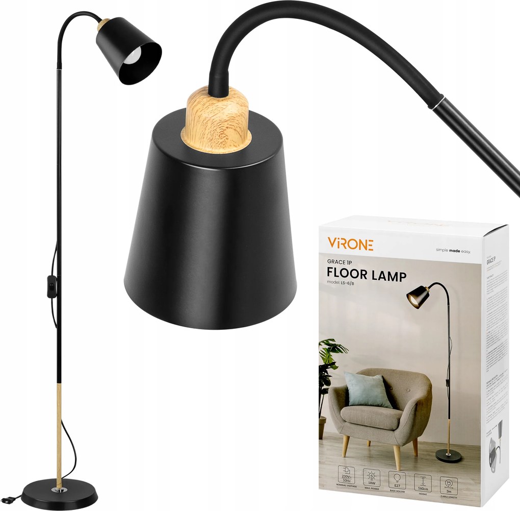 Álló lámpa álló fekete fa kapcsoló E27 18W 160CM