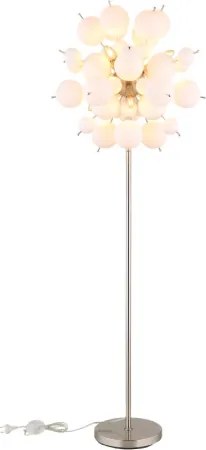 Globo 15633SO Állólámpa fém nikkel matt, fehér színű üveggömbök, fekete PVC kábel, lábpedálos kapcsoló a kábelen, ø: 550mm, M: 1550mm, kábel hossza 1800mm, üveggömbök átmérője: 24 x 6 cm, 24 x 10 cm, 6x E14 25W 230V izzók nélkül
