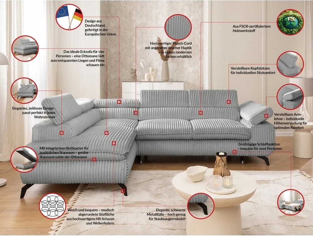 Világosszürke kordbársony sarokkanapé (bal oldali-L alakú) Marbeya – Ropez