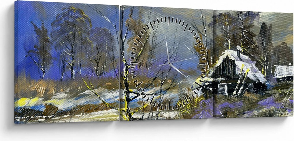 Téli tájon lévő házikó képe, olajfestmény (órával) (90x30 cm)