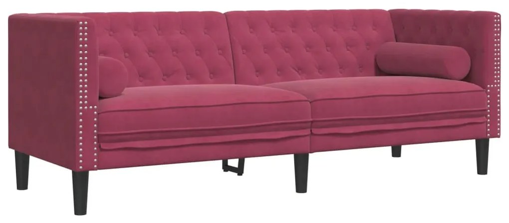 3 részes bordó bársony Chesterfield kanapészett hengerpárnákkal