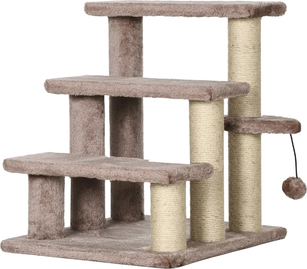 PawHut 3-Lépcsős Macskalépcső Kaparóoszloppal és Játékgolyóval Maximum 5 kg, Plüss Juta Barna 45 x 40 x 48 cm | Aosom