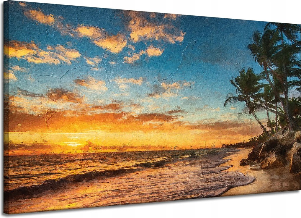Vászonkép Tengerpart naplemente pálmafák égbolt 120x70 cm