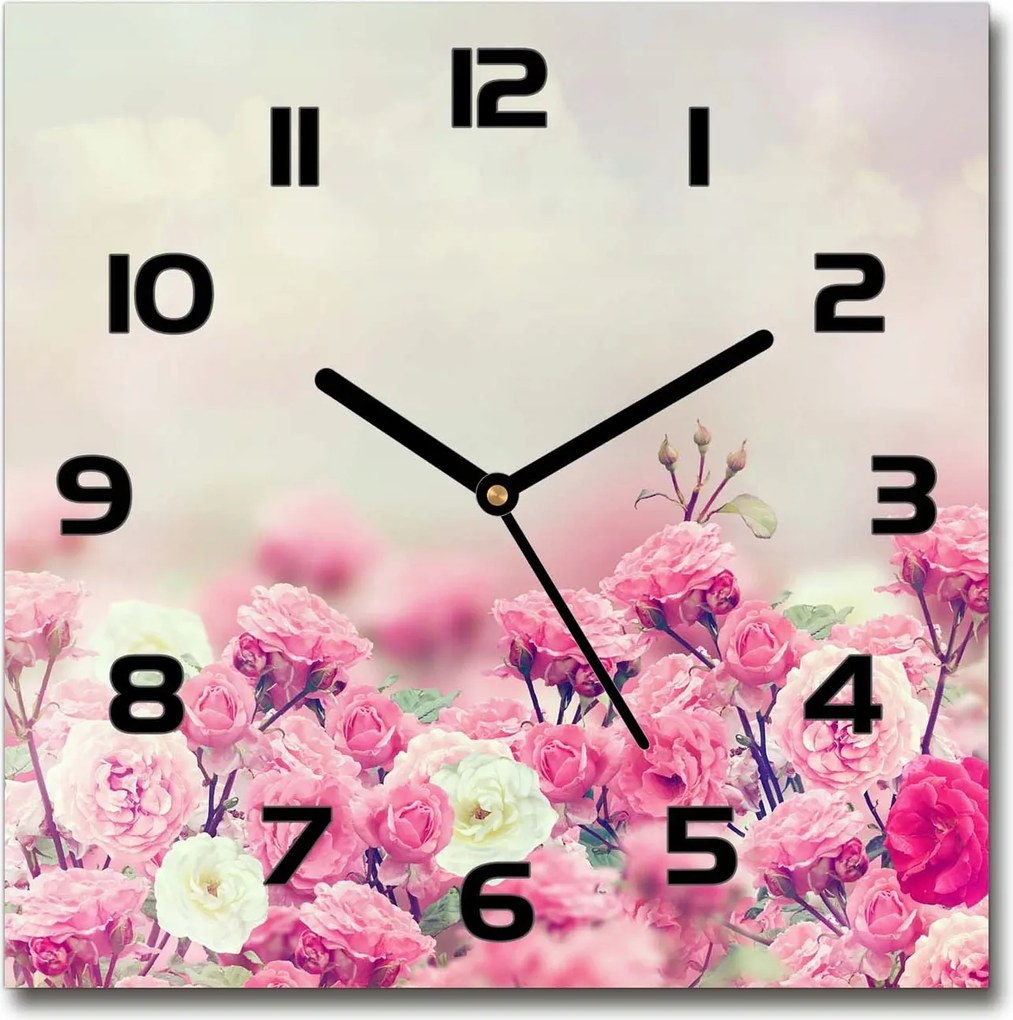 Négyzet alakú üveg falióra Csipkebogyó virágok 30x30