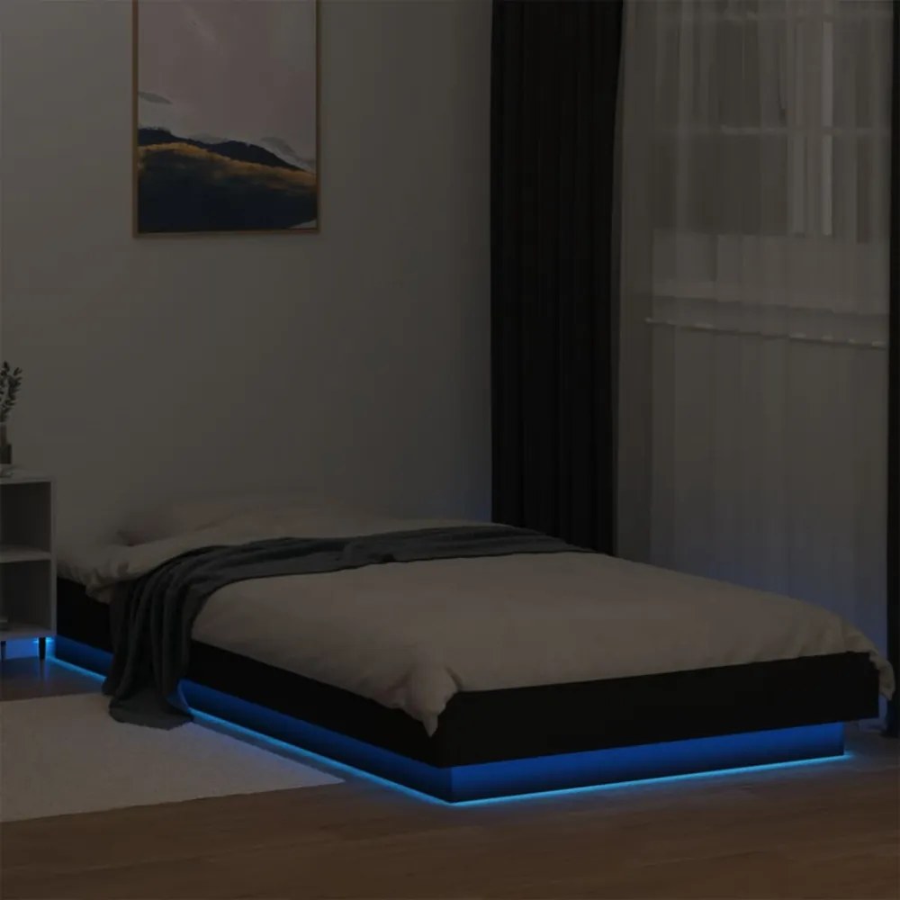 fekete szerelt fa ágykeret LED-világítással 100 x 200 cm