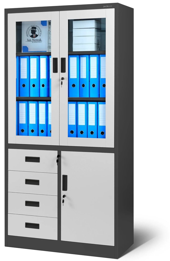 Fém iratszekrény vitrinnel és fiókokkal WIOLA, 900 x 1850 x 400 mm, antracit-fehér