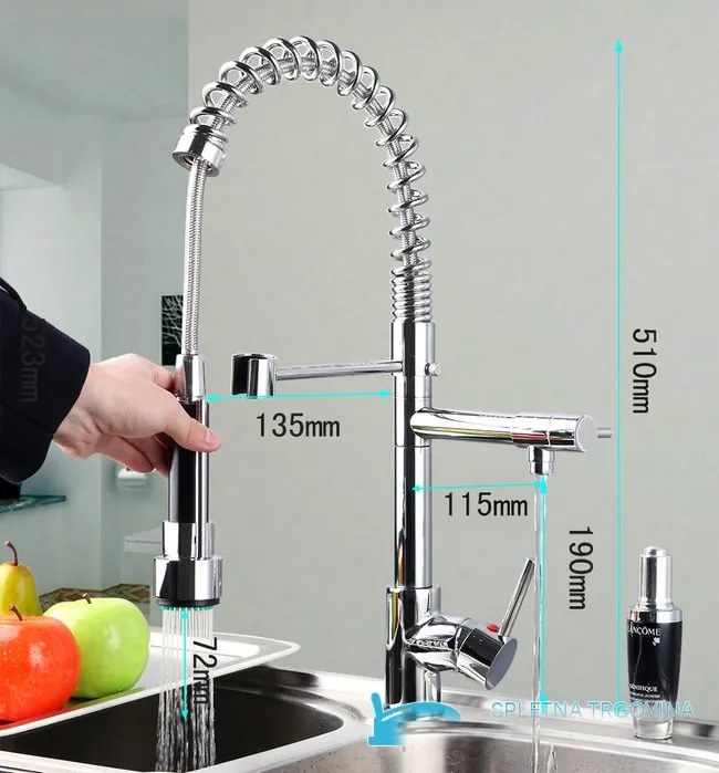 Konyhai csaptelep EYN0141 kihúzható zuhanyfejjel, két kifolyóval és többféle színváltozatban — Króm — 50 cm — LED-világítás nélkül