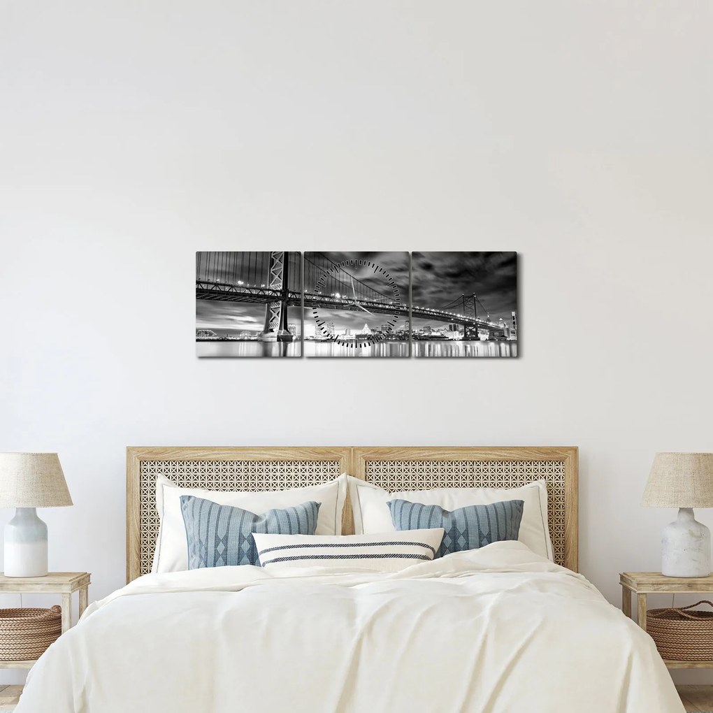 Kép - Benjamin Franklin híd, Philadelphia, fekete-fehér (órával) (90x30 cm)