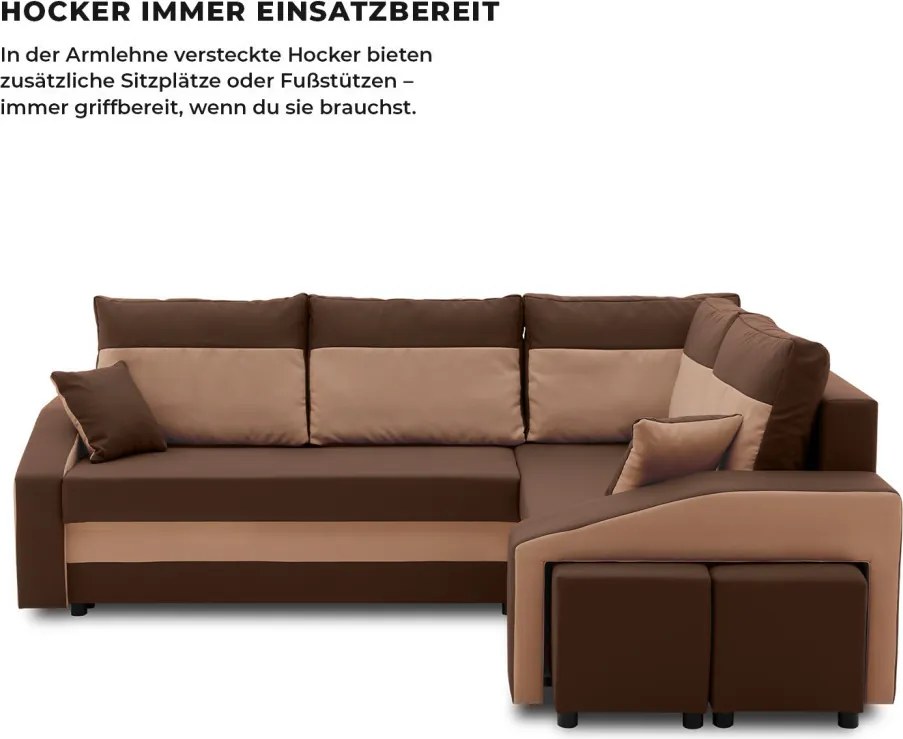 Grande sarokkanapé polcokkal és puffokkal , polc a bal karfaban puffok a jobb karfaban, jobboldali, szövet anyag, hab töltet, barna