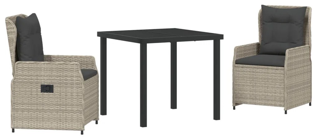 3 Darab Kert Étkező Készlet Világosszürke Poli Rattan, Asztal Fekete 80x80x73 cm Edzett Üveg