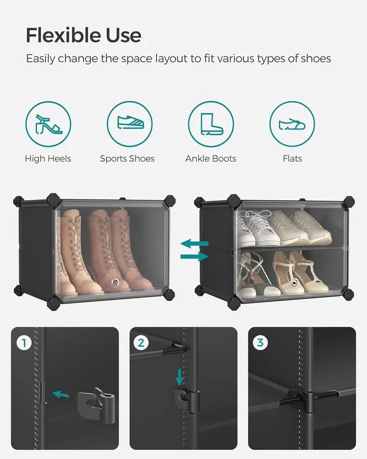 Cipős szekrény, 10 rekeszes moduláris tárolóegység, 32 x 165 x 125 cm, fekete