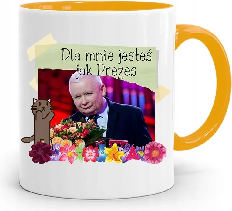 Sárga Vicces Bögre Jaroslaw Kaczynski felirattal, fényképpel