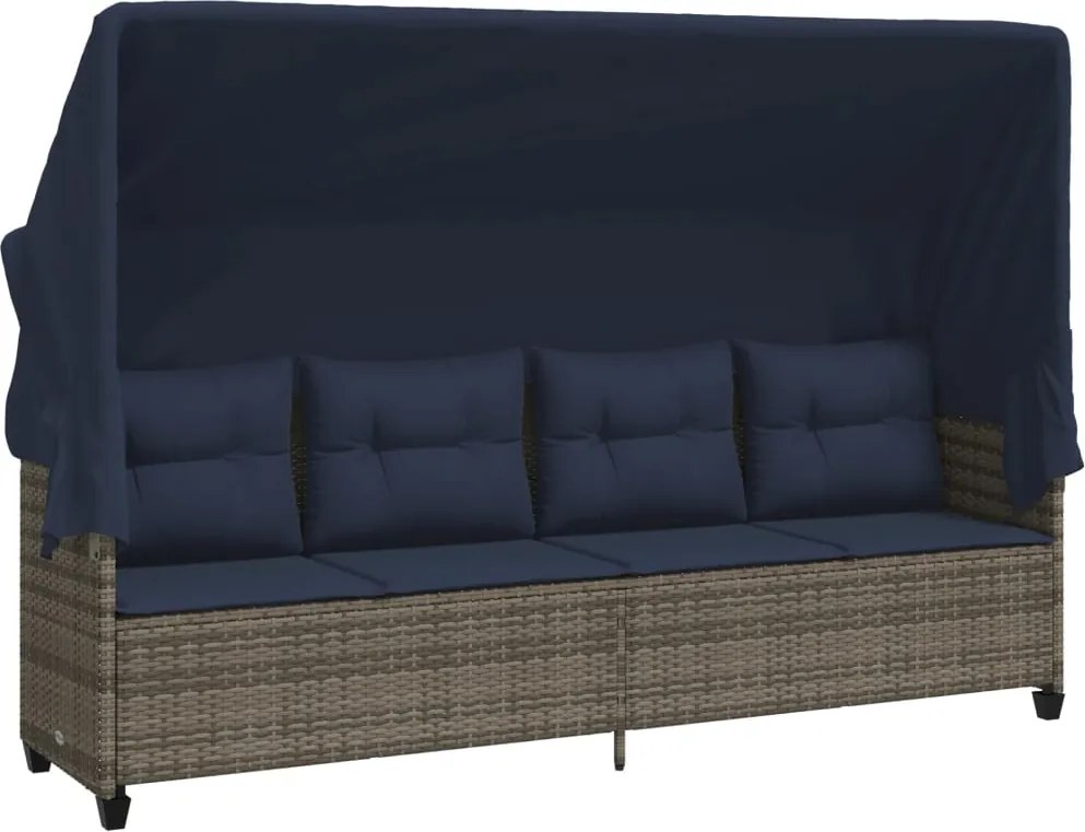 vidaXL szürke polyrattan napozóágy tetővel és párnával
