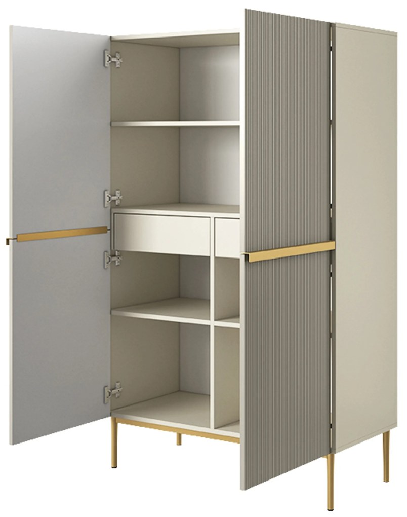 Nicole magas komód 100 cm, kétszárnyú, bordázott előlap - kasmír / arany lábak