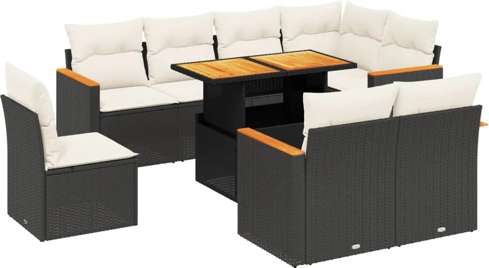 vidaXL 9 részes fekete polyrattan kerti ülőgarnitúra párnákkal