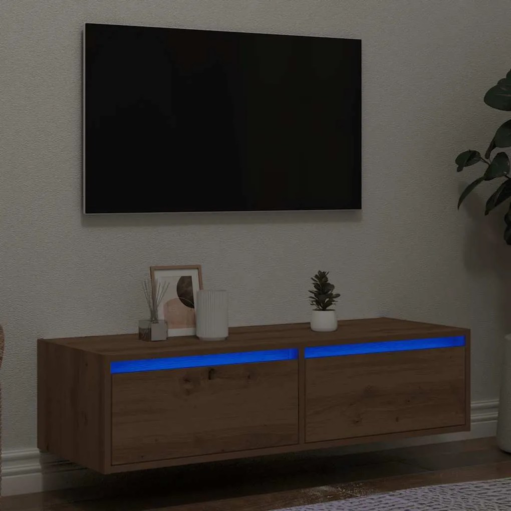 kézműves tölgy színű TV-szekrény LED-lámpákkal 100X35,5x25 cm