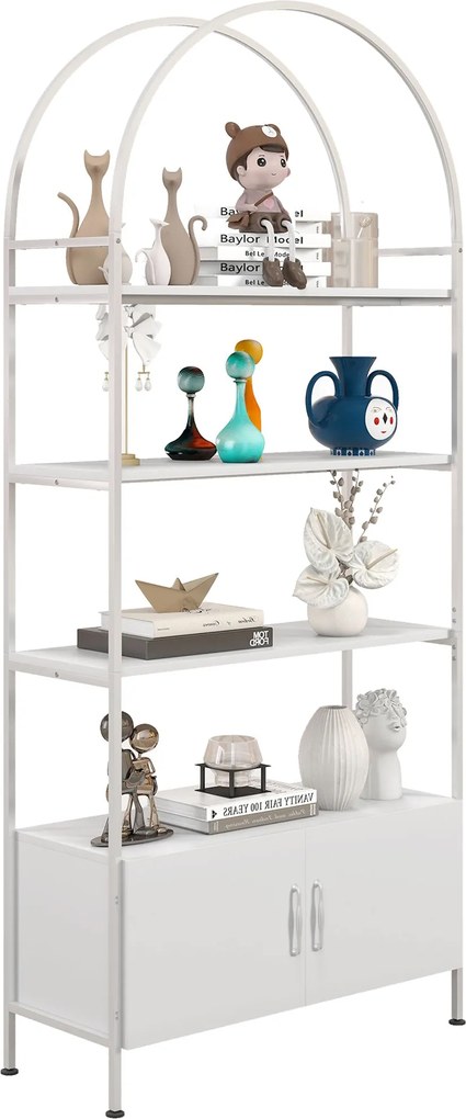 HOMCOM 4 szintes íves tárolópolc dupla ajtós szekrénnyel, állítható lábakkal, acél vázzal — 80 x 30 x 187 cm, fehér | Aosom