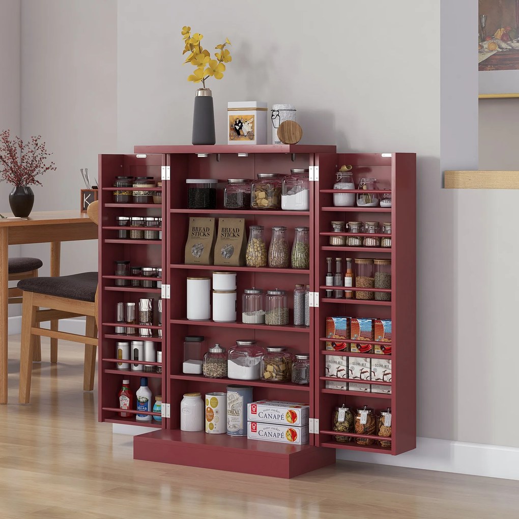 HOMCOM Konyhai Buffet Tároló Szekrény 12 Állítható Polccal 60 x 30 x 104 cm Élőszobába, Étkezőbe Piros Fából | Aosom