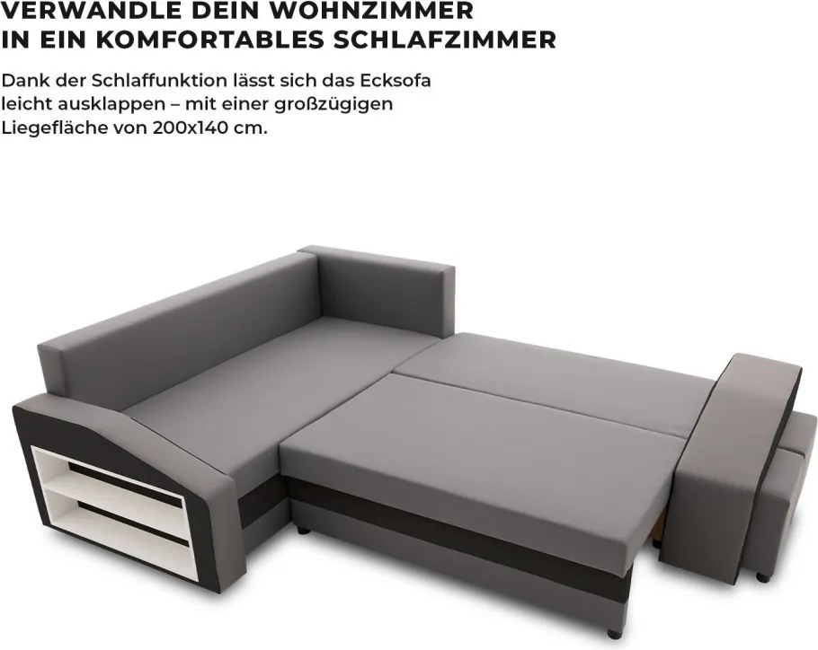 Grande sarokkanapé polcokkal és puffokkal , polc a bal karfaban puffok a jobb karfaban, baloldali, szövet anyag, hab töltet, szürke - fekete
