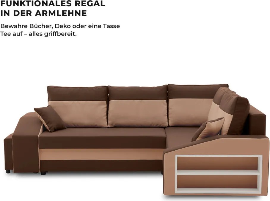 Grande sarokkanapé polcokkal és puffokkal , polc a jobb karfaban puffok a bal karfaban, jobboldali, szövet anyag, bonell töltet, barna