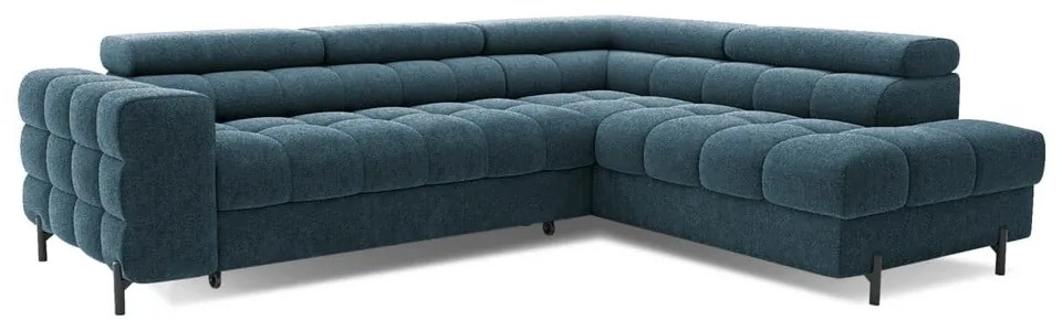 Kék buklé kinyitható-tárolóhelyes sarokkanapé (jobb oldali-L alakú) Ferucce – ELTAP